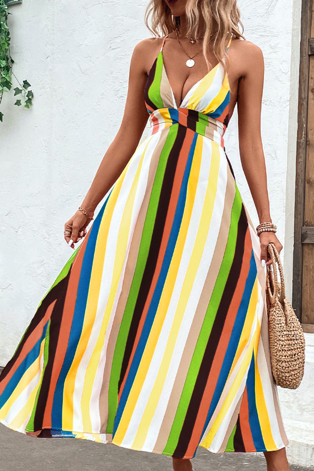Bright Summer Stripe Backless Cross Tie Split Leg Maxi Dress (Plus Size Available)
