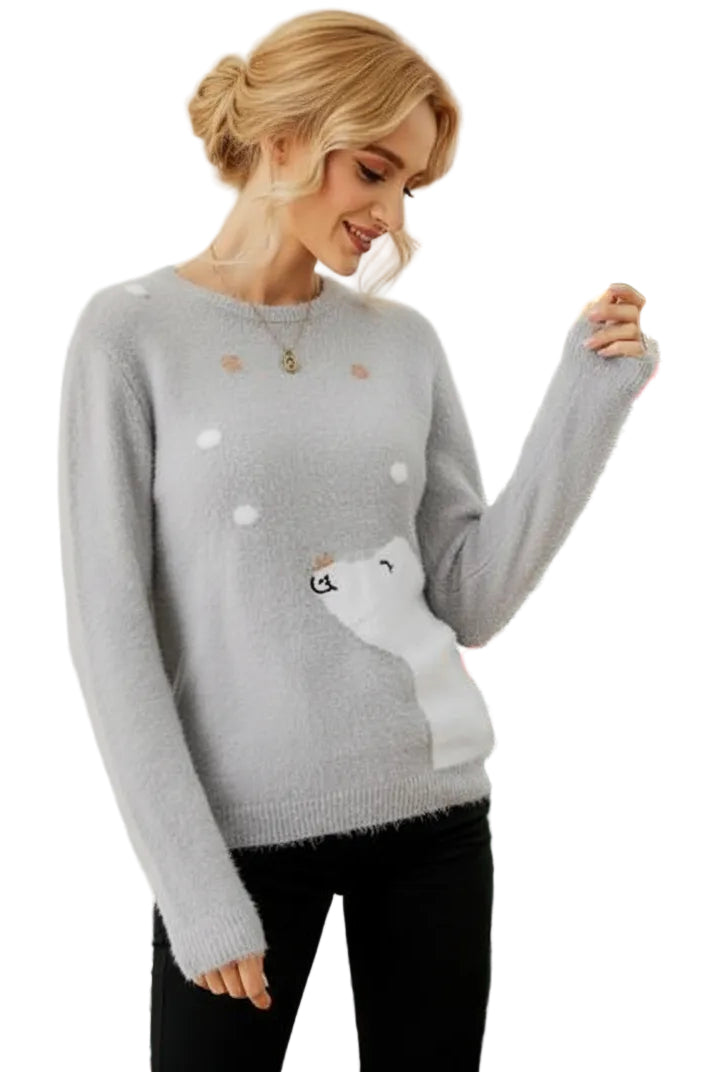 Fuzzy Embroidered Winter Animal Crew Neck Long Sleeve Novelty Holiday Sweater