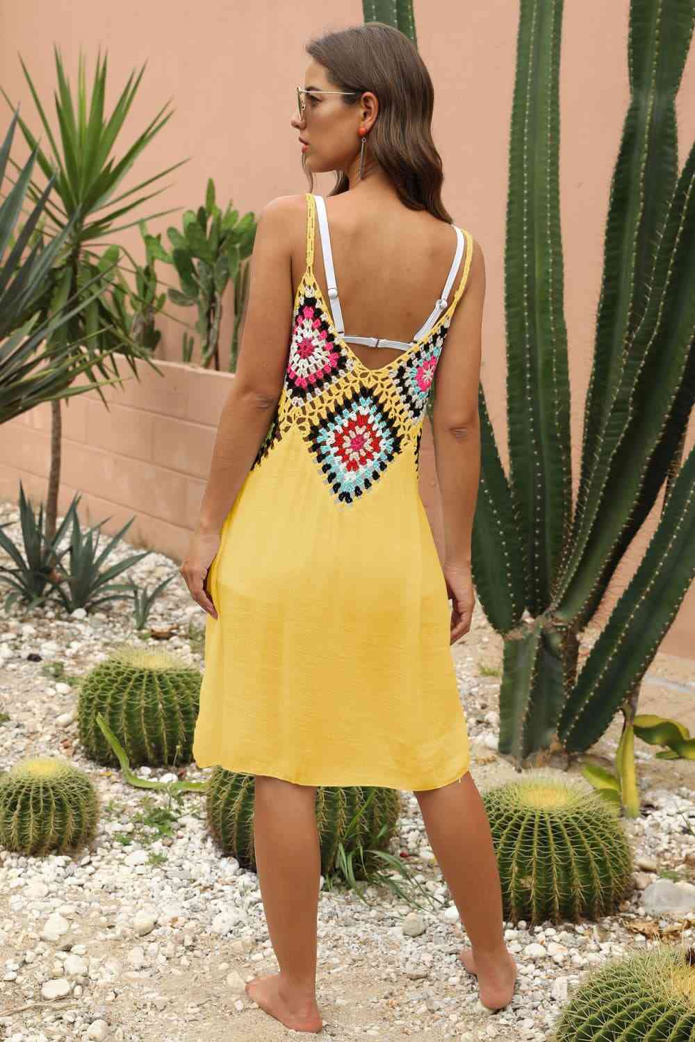 Granny Square Crochet Openwork Retro Swimwear Cover-Up Sleeveless Mini Dress
