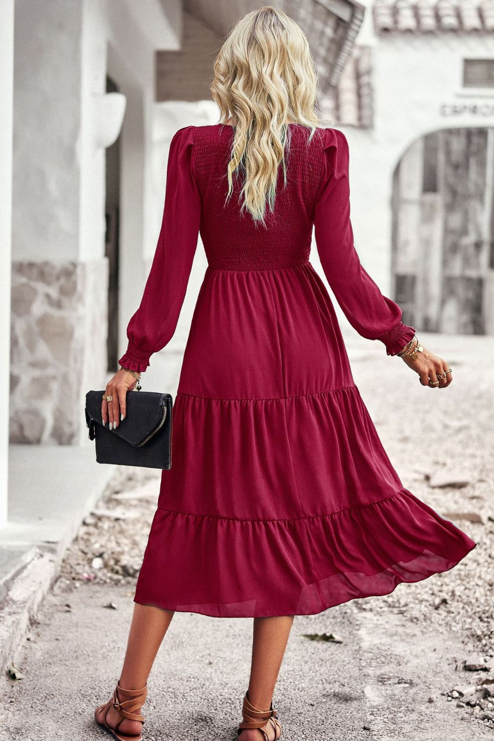 Elegant Smocked Bodice Flounce Long Sleeve Lined Midi Dress