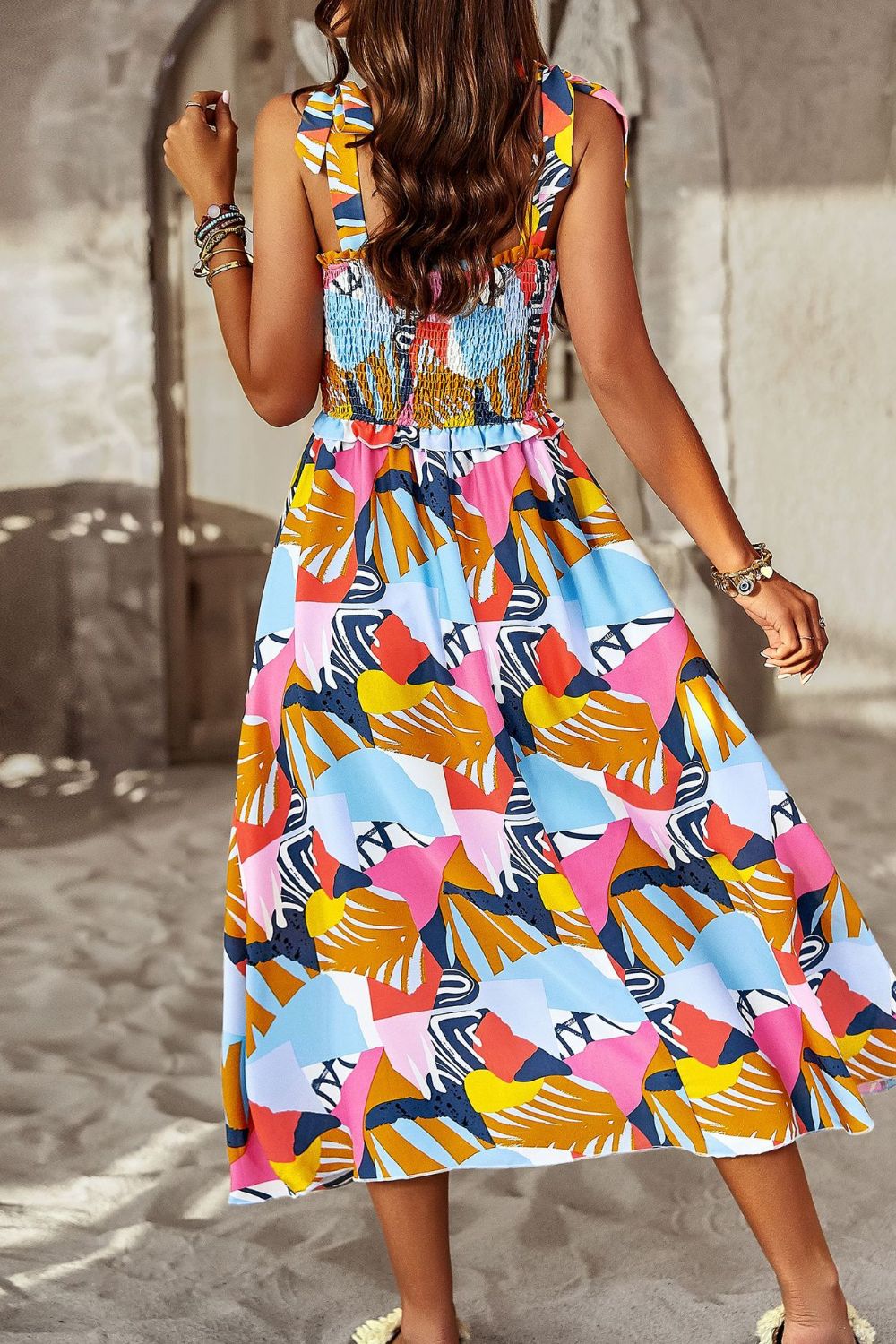 Colorful Bright Print Smocked Bodice Tie Shoulder Summer Midi Dress (5 colors Available)