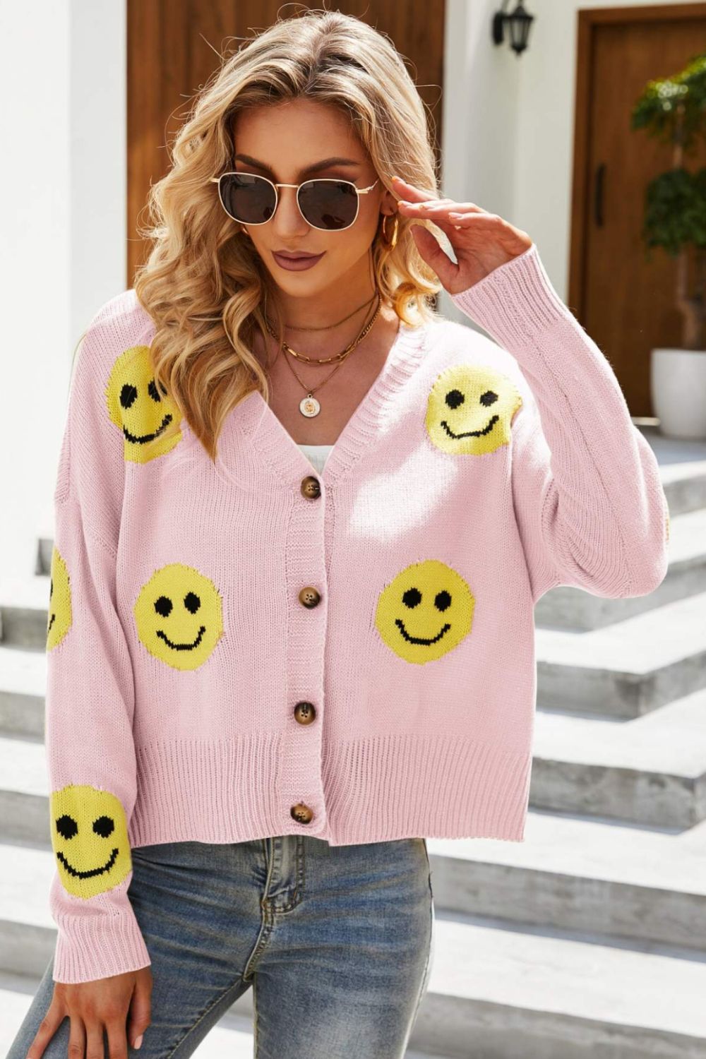 Retro Smiley Face Cropped Classic Knit Button Front Long Sleeve Cardigan