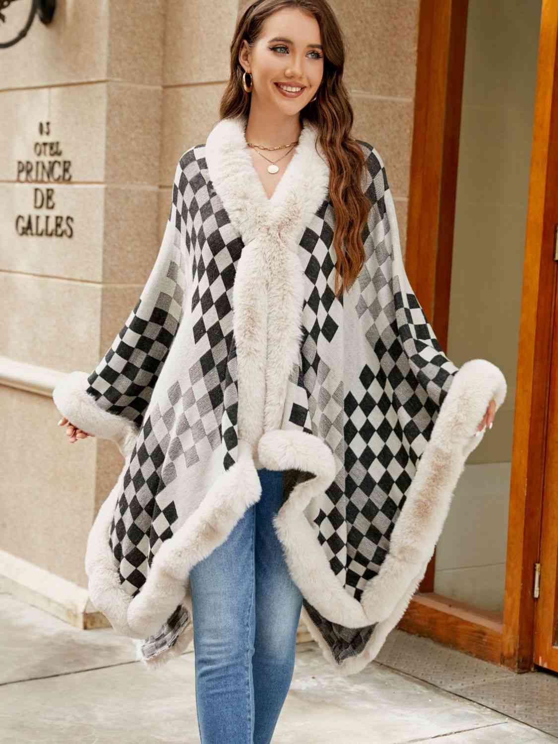 Large Plush Faux Fur Heavy Checker Pullover Oversized Sweater Jacket Poncho