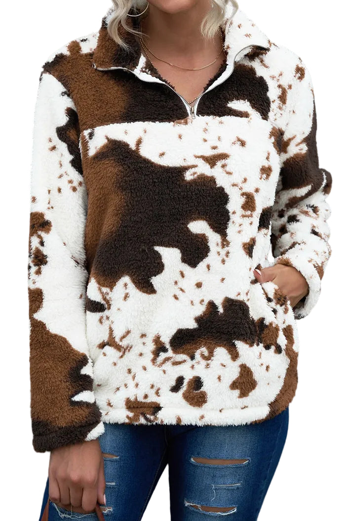 Fuzzy Cow Sherpa Quarter-Zip Teddy Pullover Cowgirl Sweatshirt Western Top