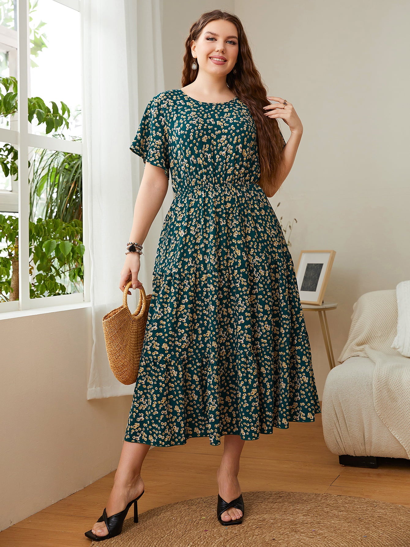 Classy Floral Round Neck Short Sleeve Modest Midi Dress