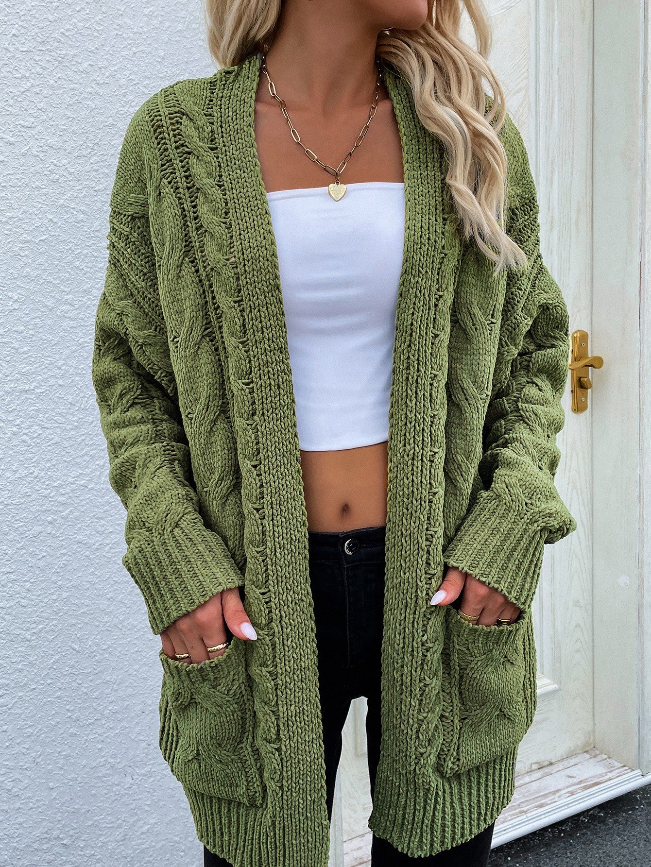 Cable-Knit Long Classic Open Front Pocket Fall Winter Boho Cardigan