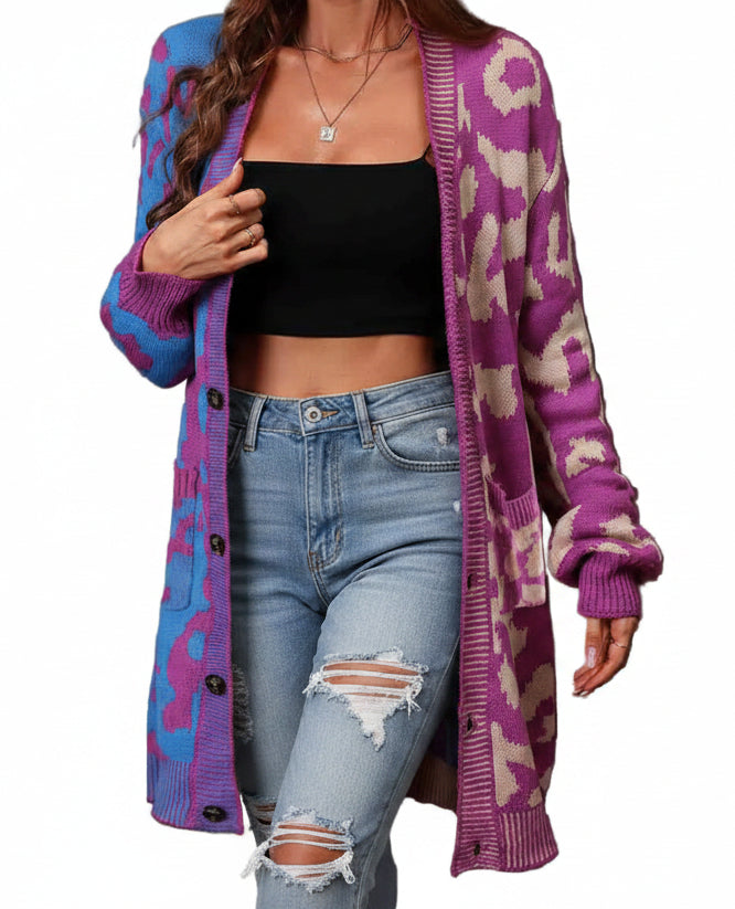 Colorblock Leopard Print Longline Button Front Long Sleeve Oversized Cardigan