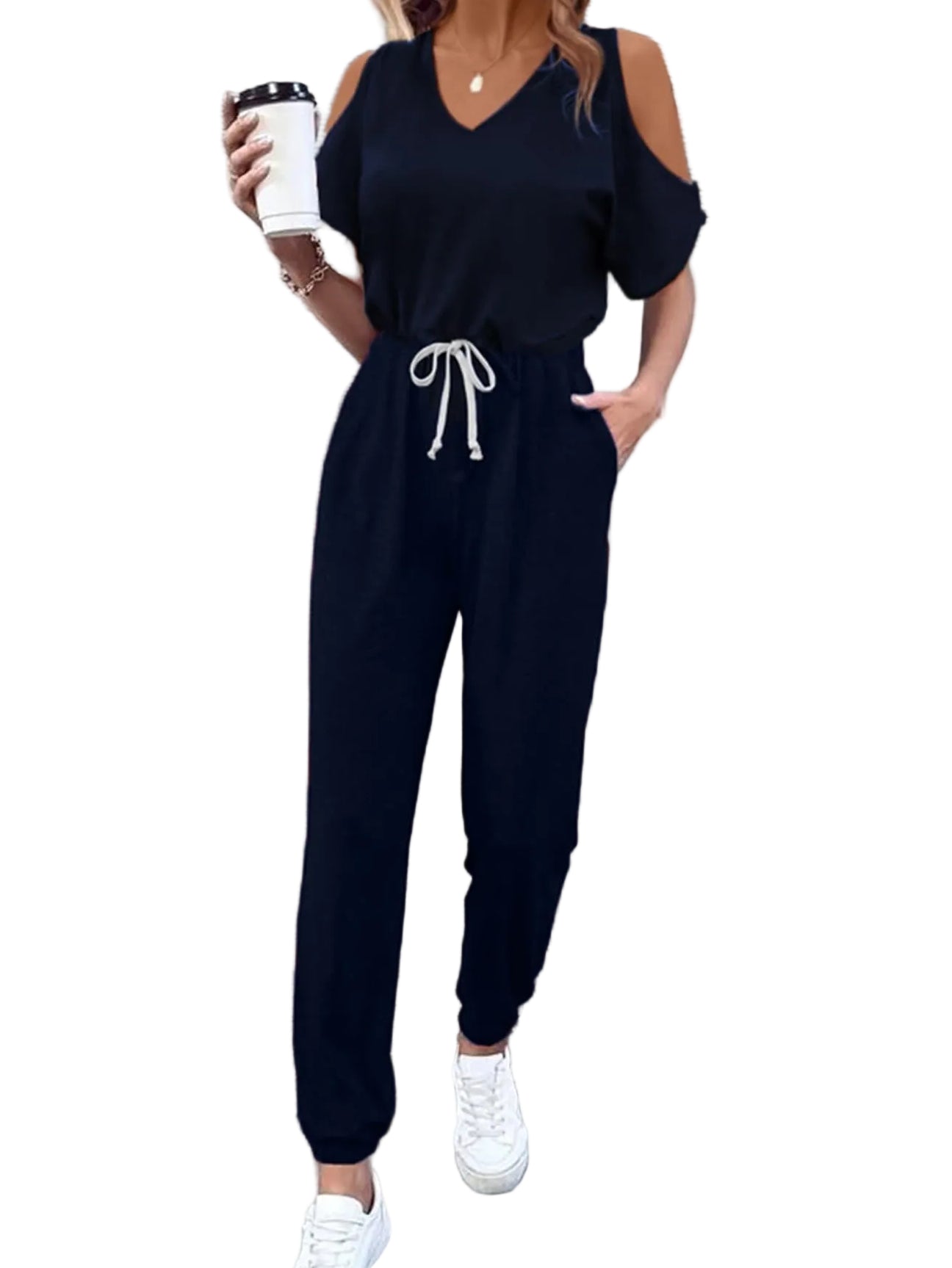 Cold-Shoulder Elastic Waist One-Piece Ankle Jogger V-Neck Pocket Jumpsuit