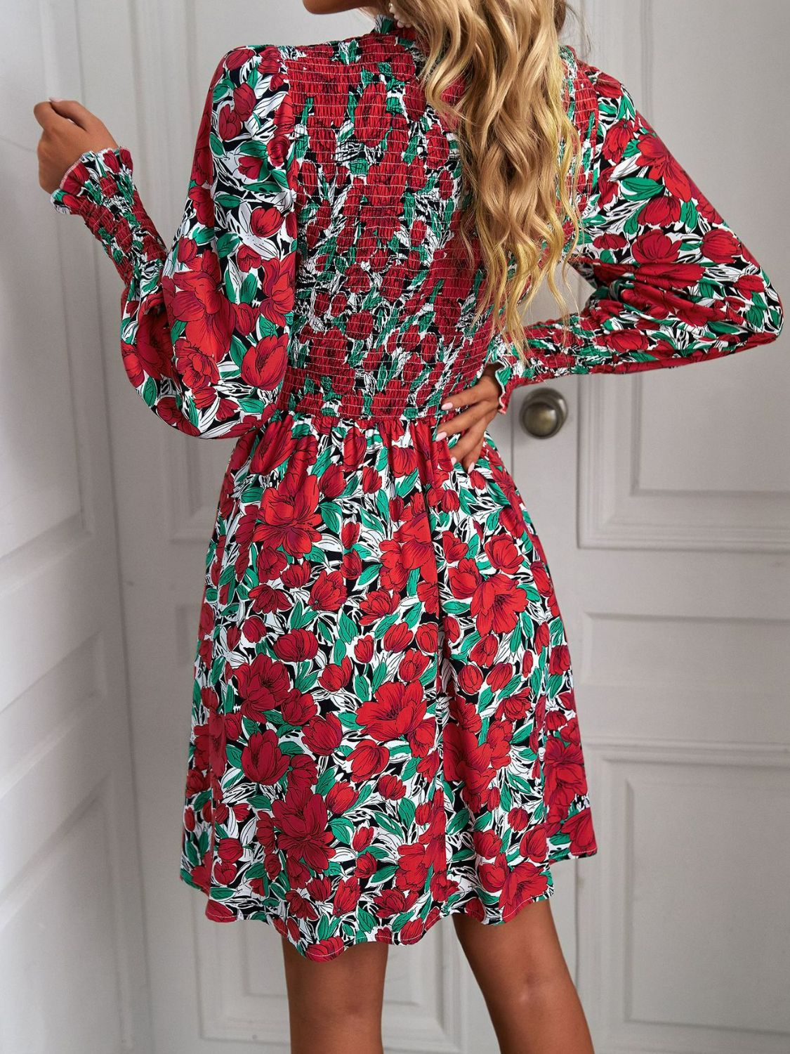 Fun Print Puff Long Sleeve Smocked Dress (4 Colors Available)