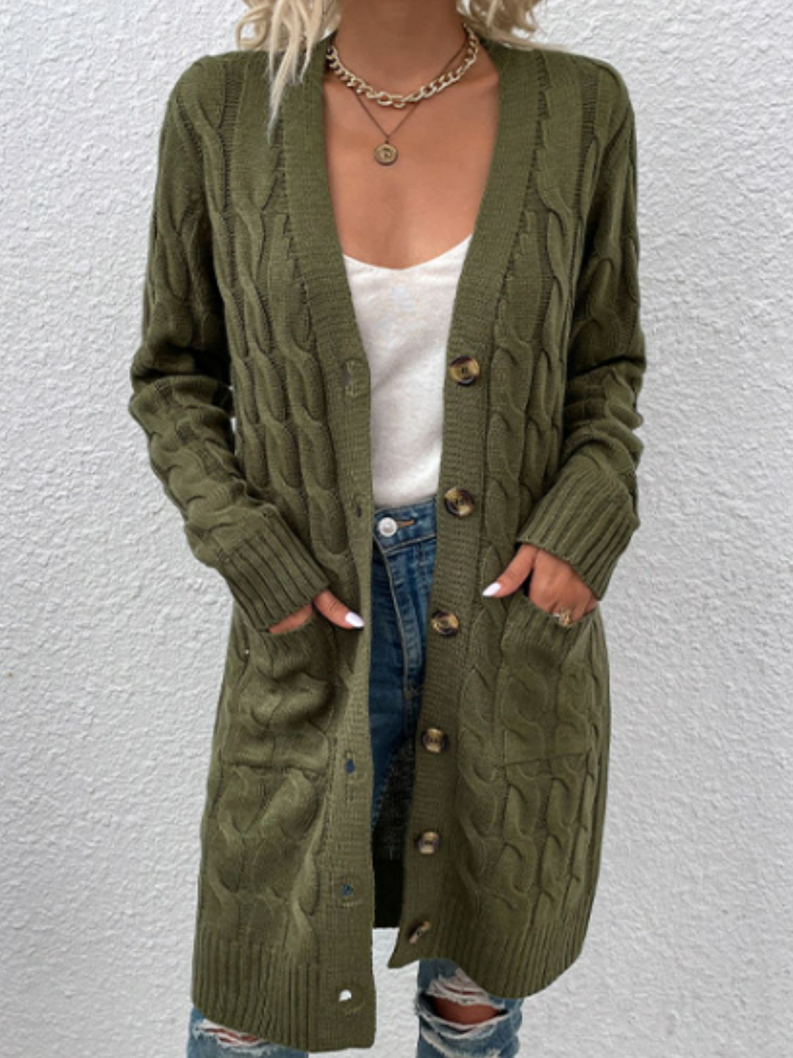 Chunky Cable-Knit Classic Button Front Long Cardigan with Pockets