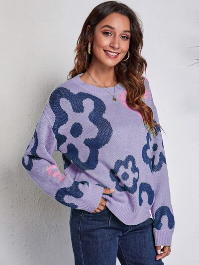 Funky Flower Knit Pullover Hippie Retro Daisy Long Sleeve Colorful Sweater Shirt