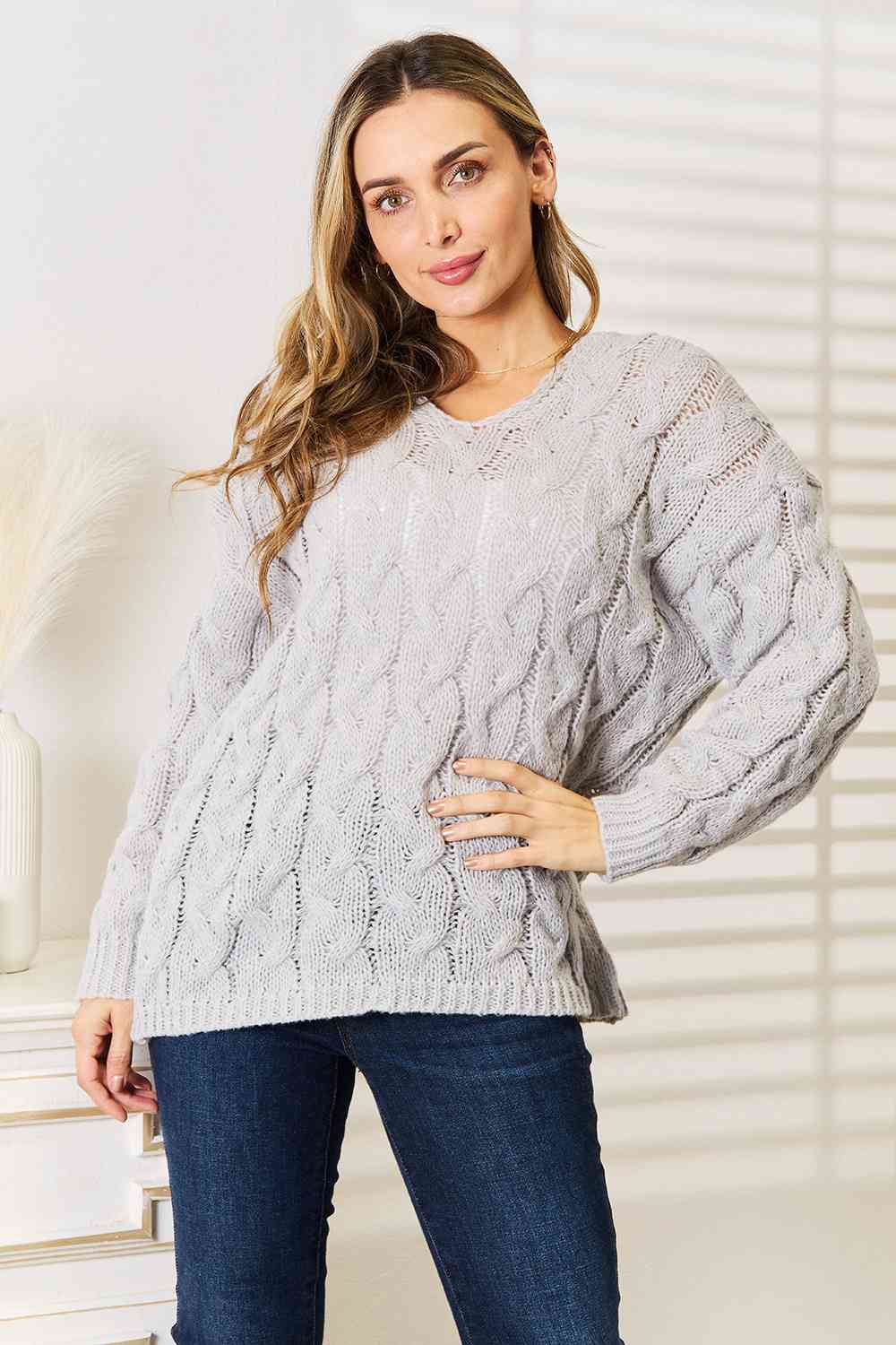 Cable-Knit Woven Hoodie Long Sleeve Classic Pullover Lightweight Sweater