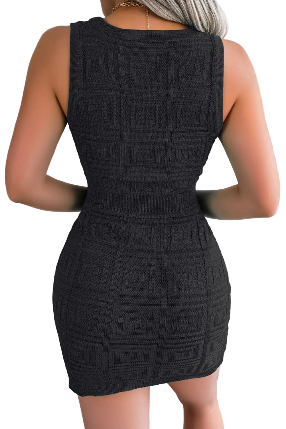Cutout Grecian Textured Greek Key Knit Sleeveless High Neck Bodycon Mini Dress