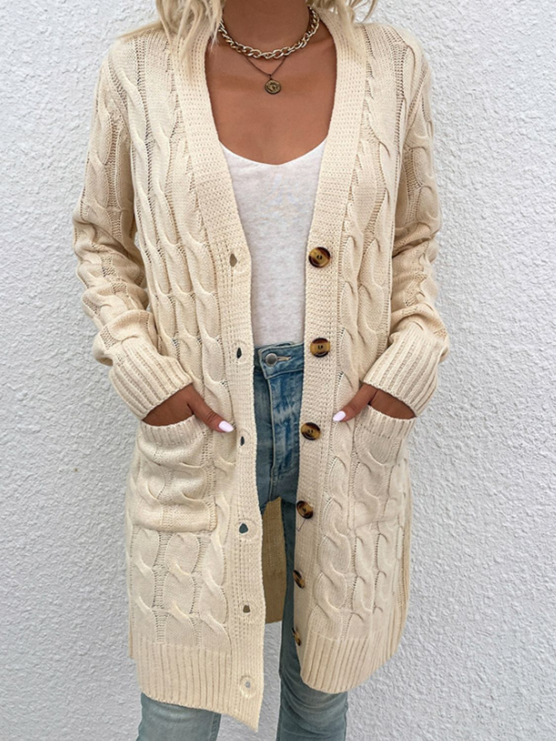 Chunky Cable-Knit Classic Button Front Long Cardigan with Pockets