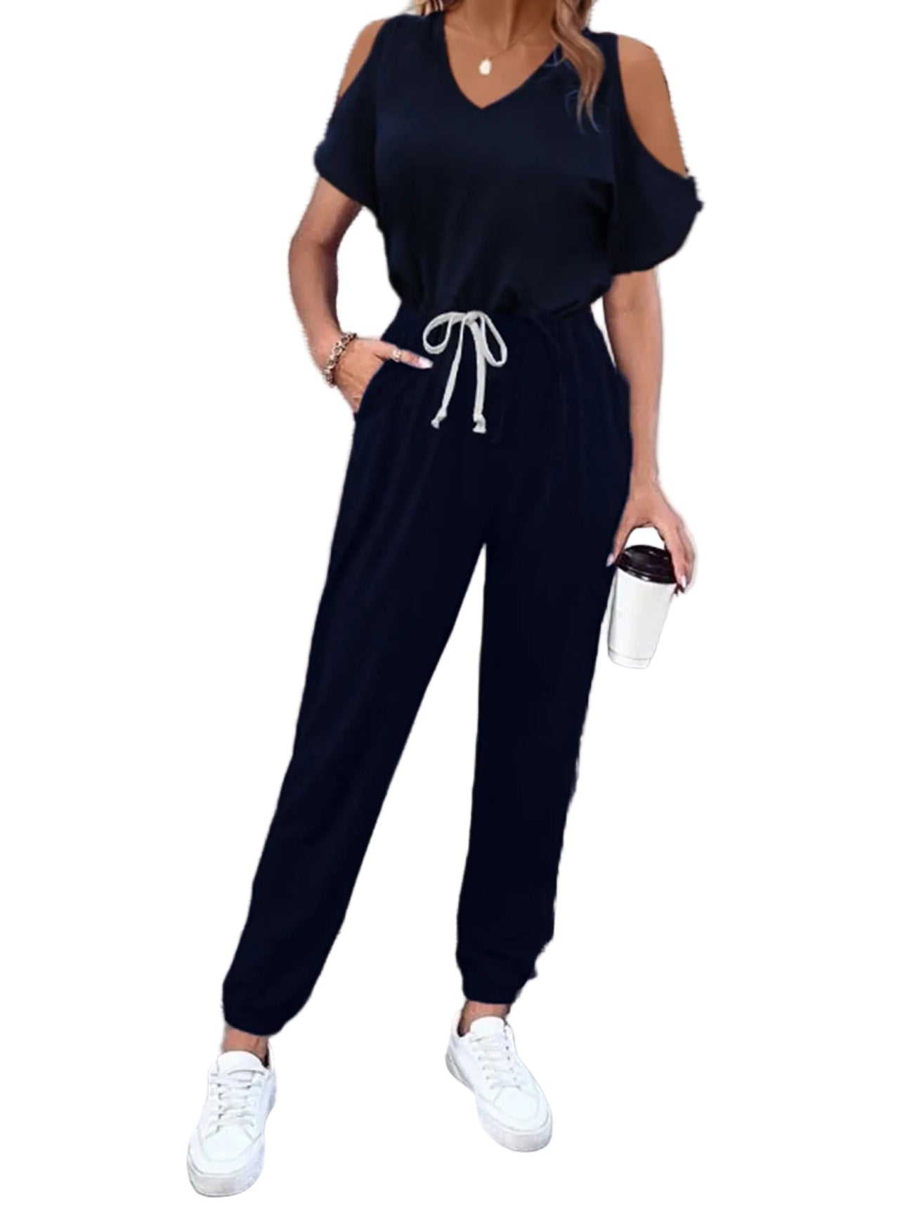 Cold-Shoulder Elastic Waist One-Piece Ankle Jogger V-Neck Pocket Jumpsuit