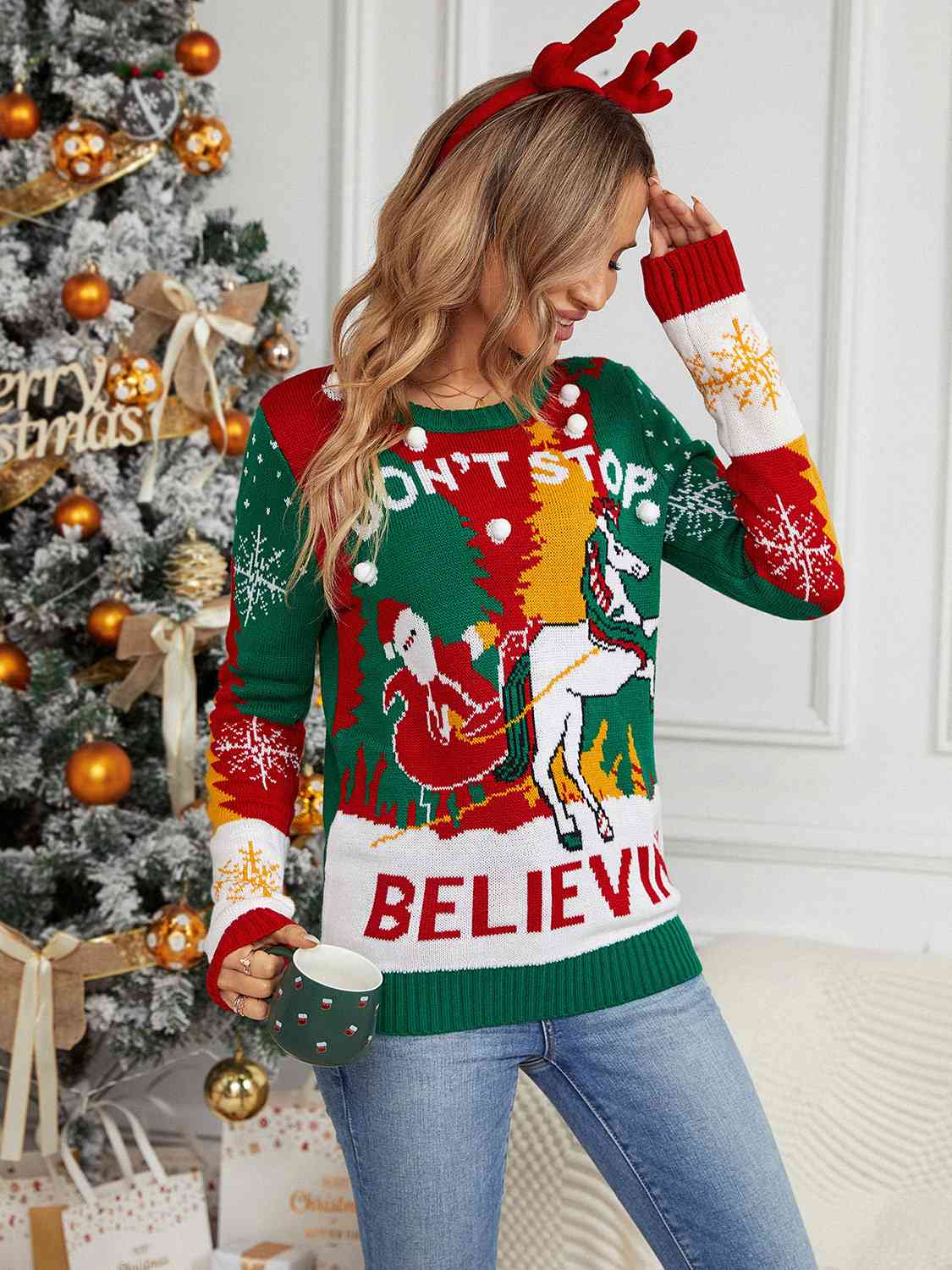 Don't Stop Believin' Santa Claus Knit Round Neck Bold PomPom Holiday Sweater Top