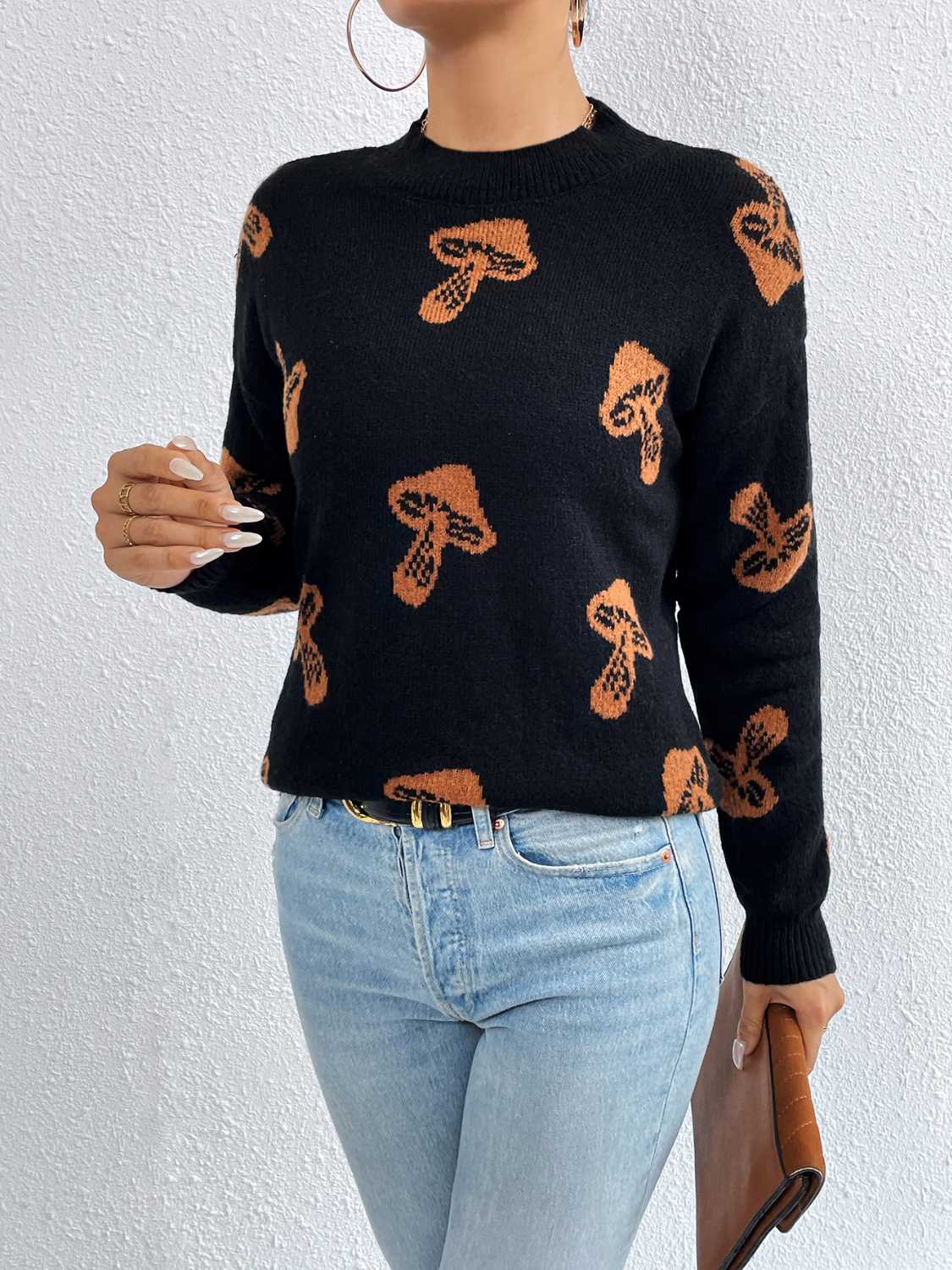 Unique Print Knit Pullover Celestial Mushroom Skull Yin Yang Sweater Shirt