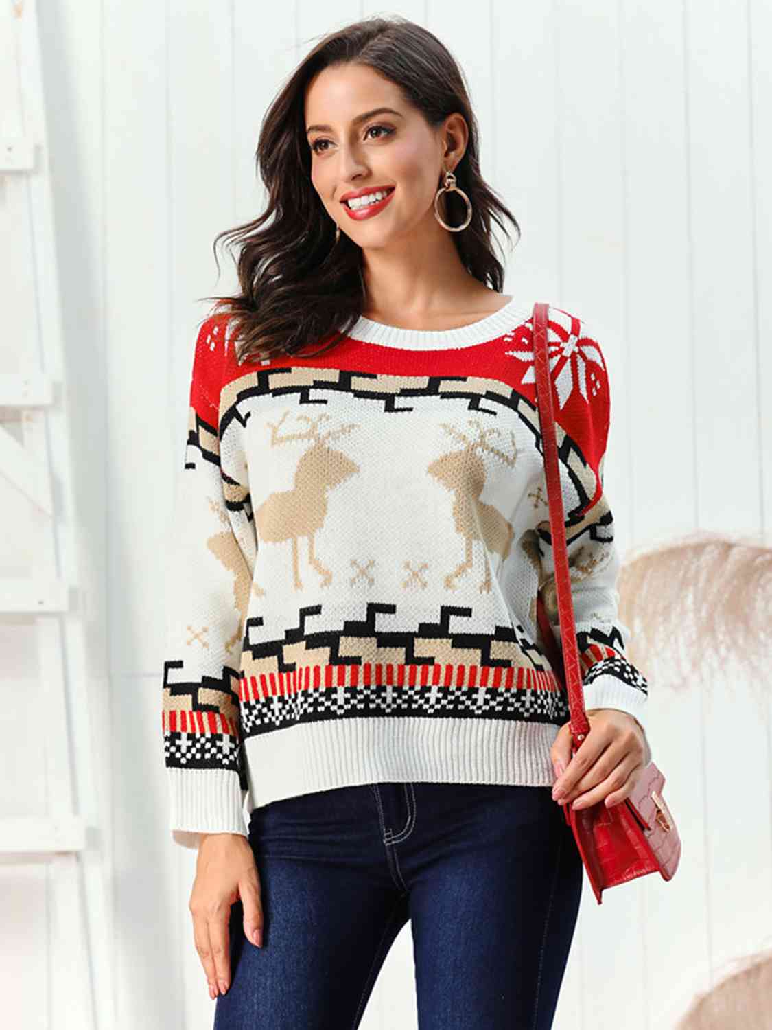 Geometric Reindeer Snowflake Knit Round Neck Classic Holiday Sweater Minimalist