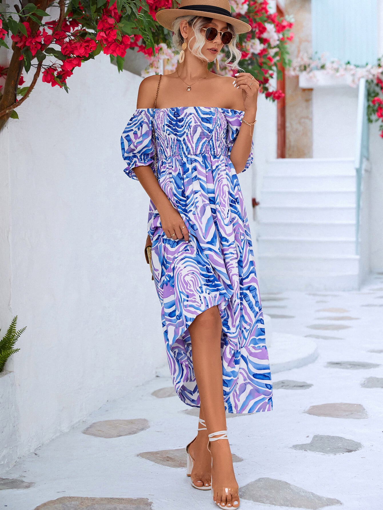 Off The Shoulder Smocked Bodice Flowing Midi Summer Dress