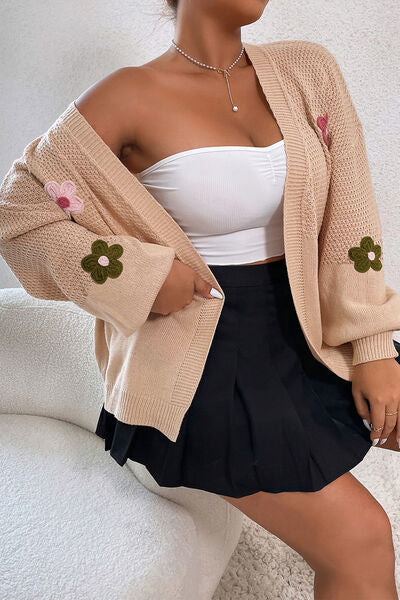 Oversized Crochet Daisy Flower Long Sleeve Open Front Waffle Knit Cardigan