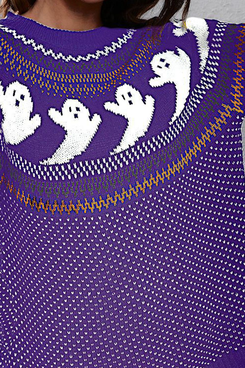 Ghost Fair Isle Nordic Crew Neck Top Long Sleeve Halloween Pullover Knit Sweater
