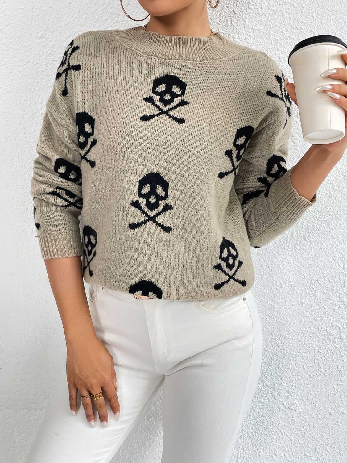 Unique Print Knit Pullover Celestial Mushroom Skull Yin Yang Sweater Shirt