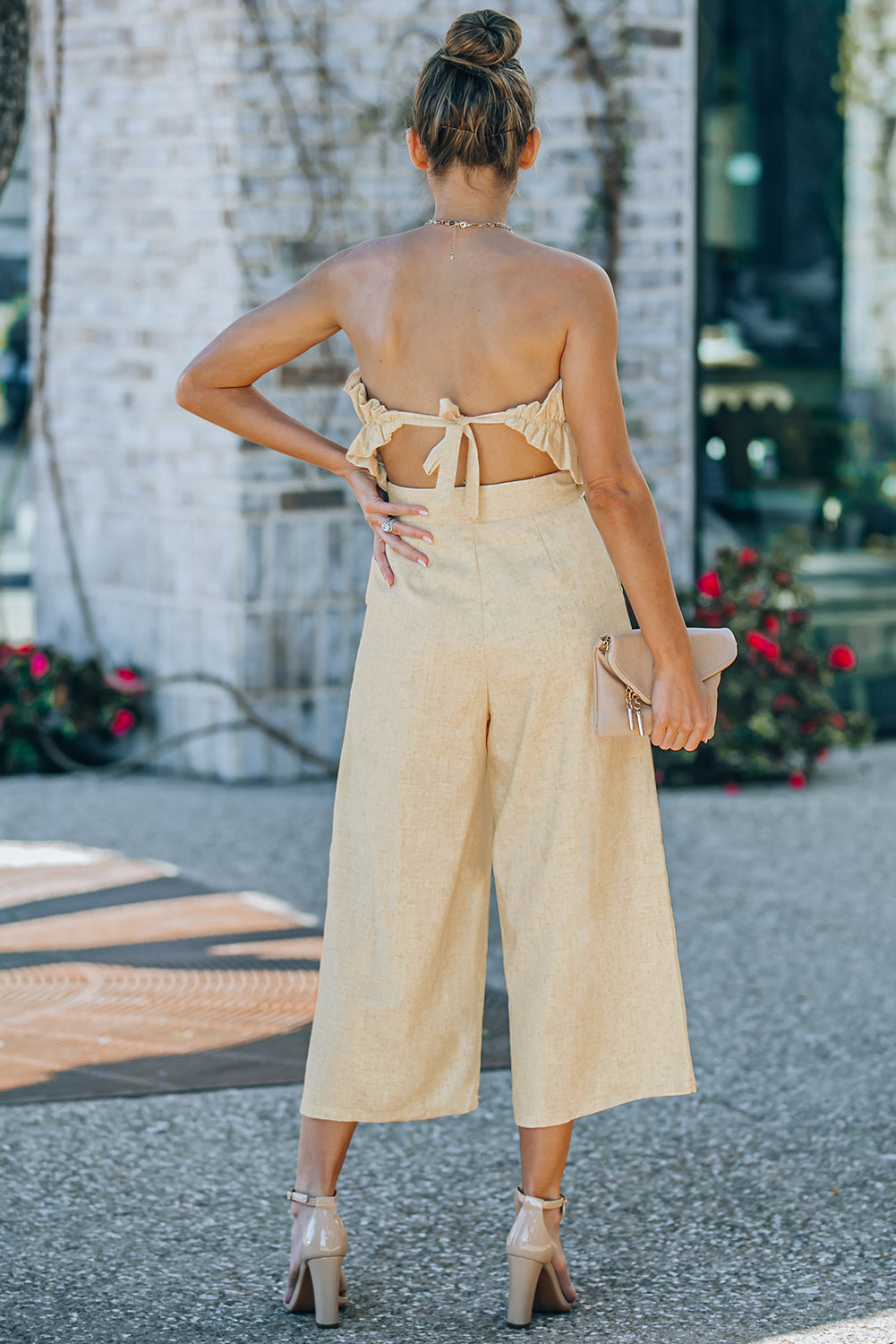 Ruffled 100% Cotton Strapless Wide Leg Tie Back One-piece Jumpsuit