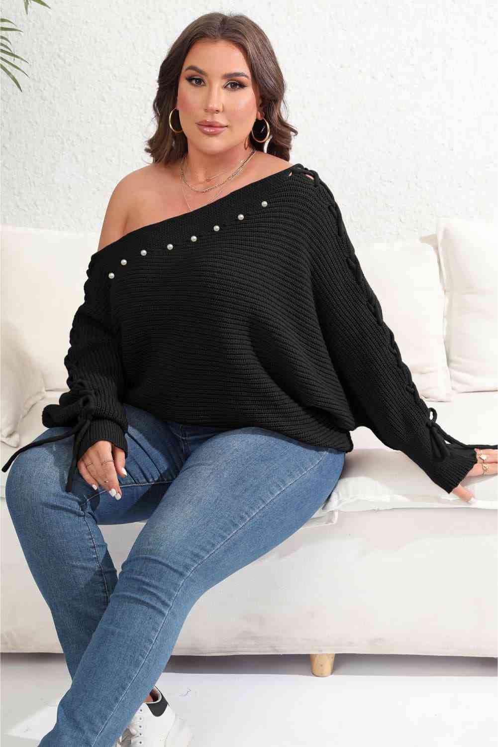 Beaded Pearl Lace Up Sleeve Off Shoulder Asymmetrical Boat Neck Sweater Plus Size Only