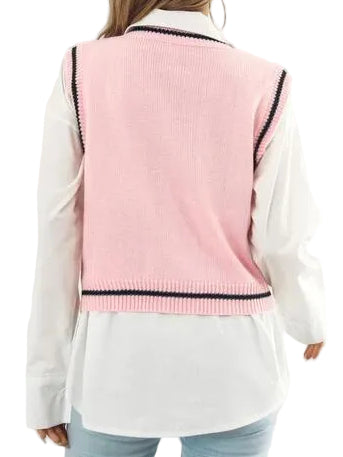 Skull Argyle V-Neck Boxy Knit Sweater Vest Contrast Stripe Sleeveless Pullover Top