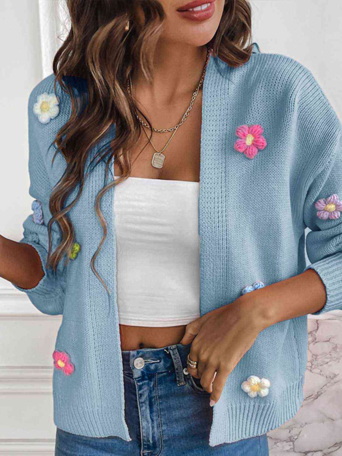 Colorful Crochet Daisy Flower Long Sleeve Open Front Waffle Knit Cardigan Sweater