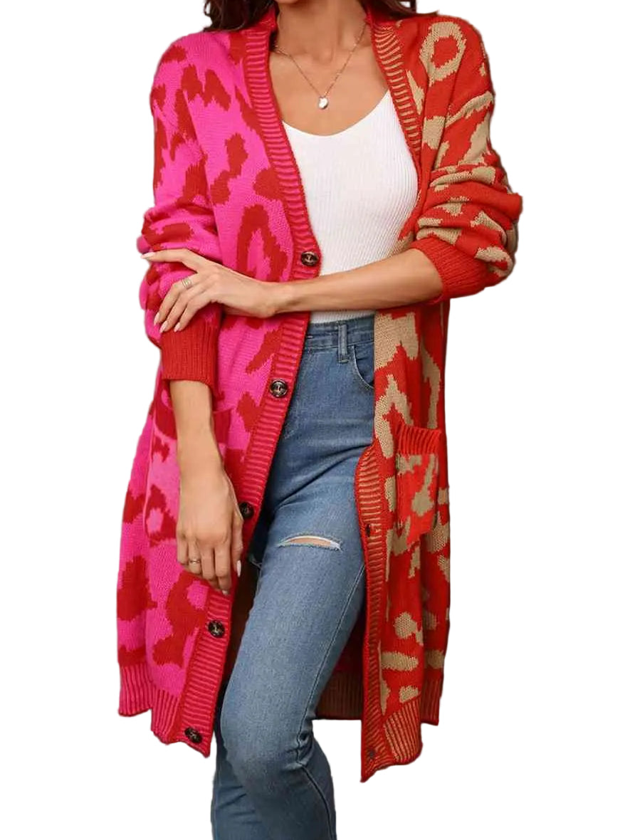 Colorblock Leopard Print Longline Button Front Long Sleeve Oversized Cardigan