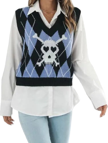 Heart Eye Skull Bone Argyle V-Neck Sleeveless Knit Spooky Sweater Vest