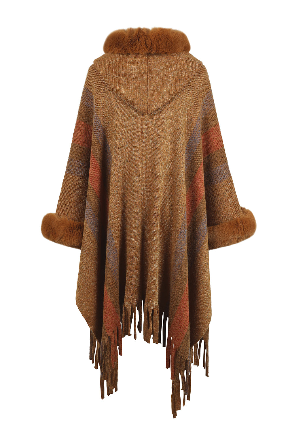 Plush Faux Fur Fringe Hem Retro Oversized Long Knit Hoodie Cardigan Poncho