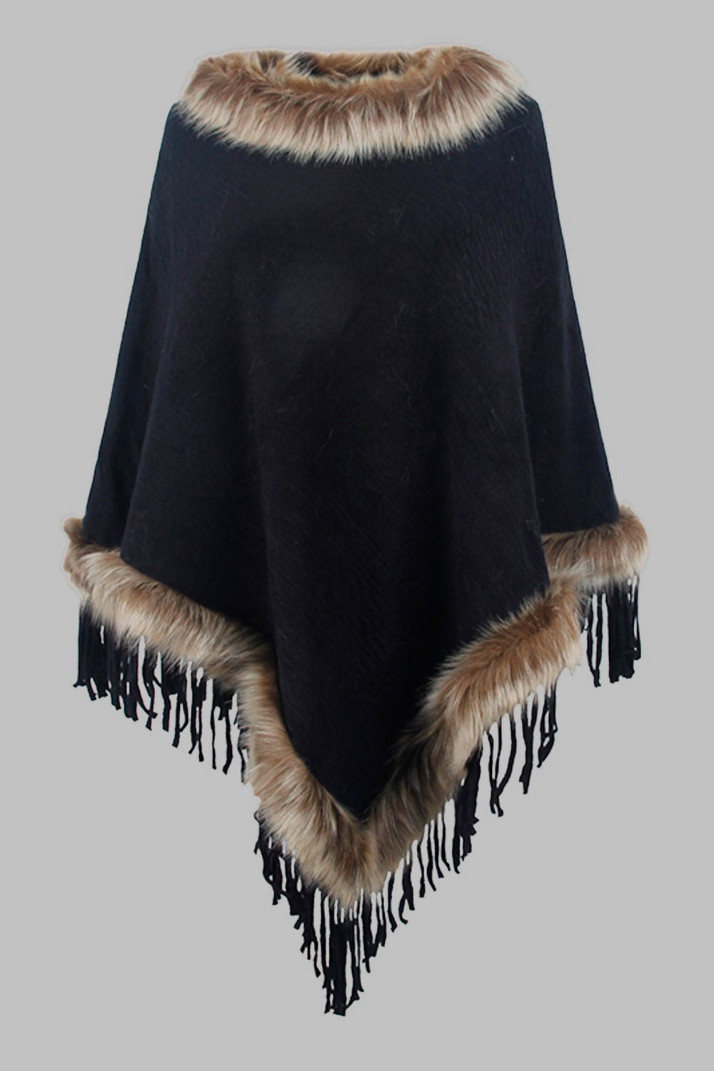 Faux Fur Retro Fringe Hem Textured Knit Pullover Poncho