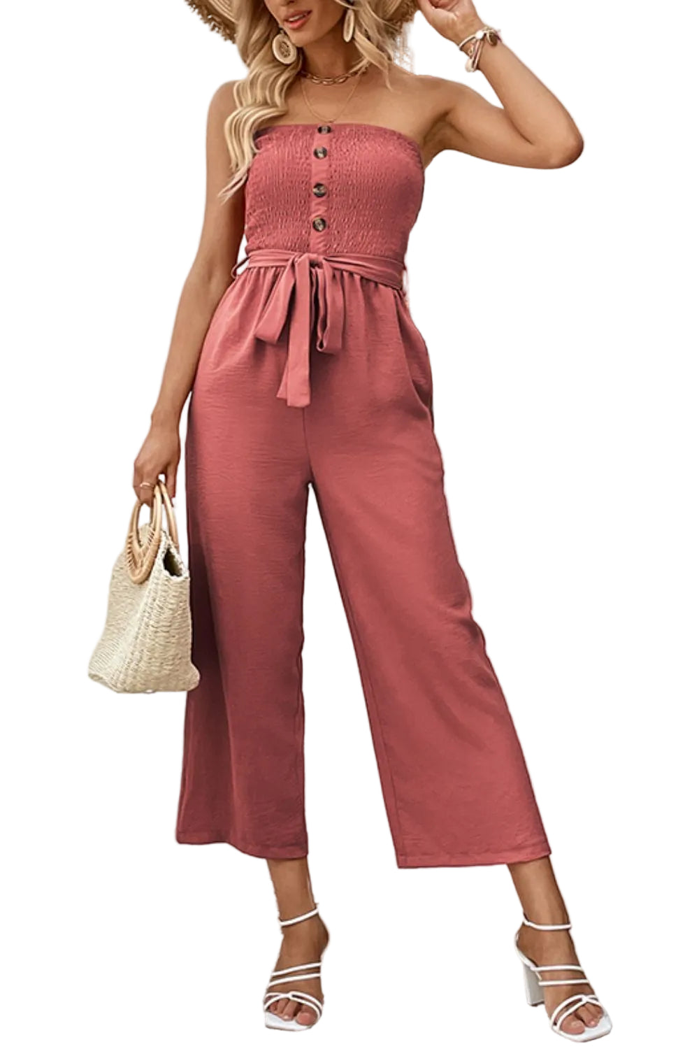 Strapless Smocked Bodice Button Belted Waist Cropped Pant Wide-Leg Jumpsuit