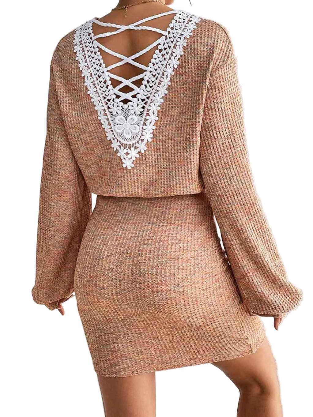 Lace Back Waffle Knit Long Sleeve V-neck Blouson Top Elastic Waist Boho Mini Dress