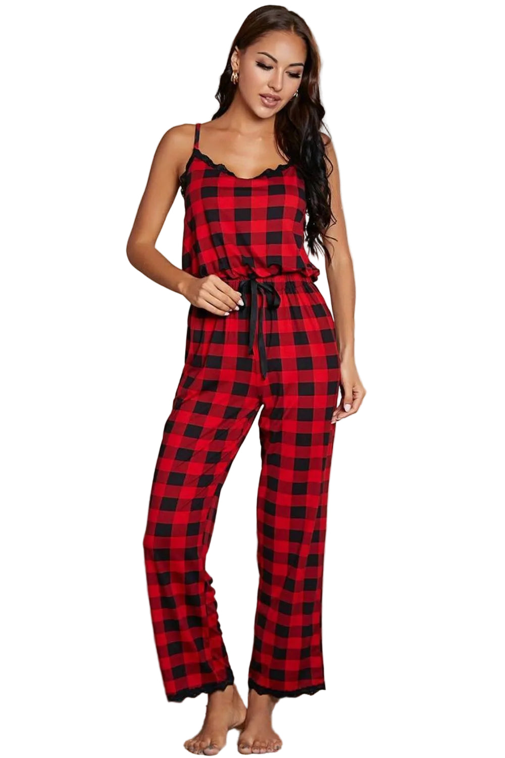 Buffalo Plaid One-Piece Lace Trim Elastic Drawstring Pant Jumpsuit Loungewear Sleepwear Outfit