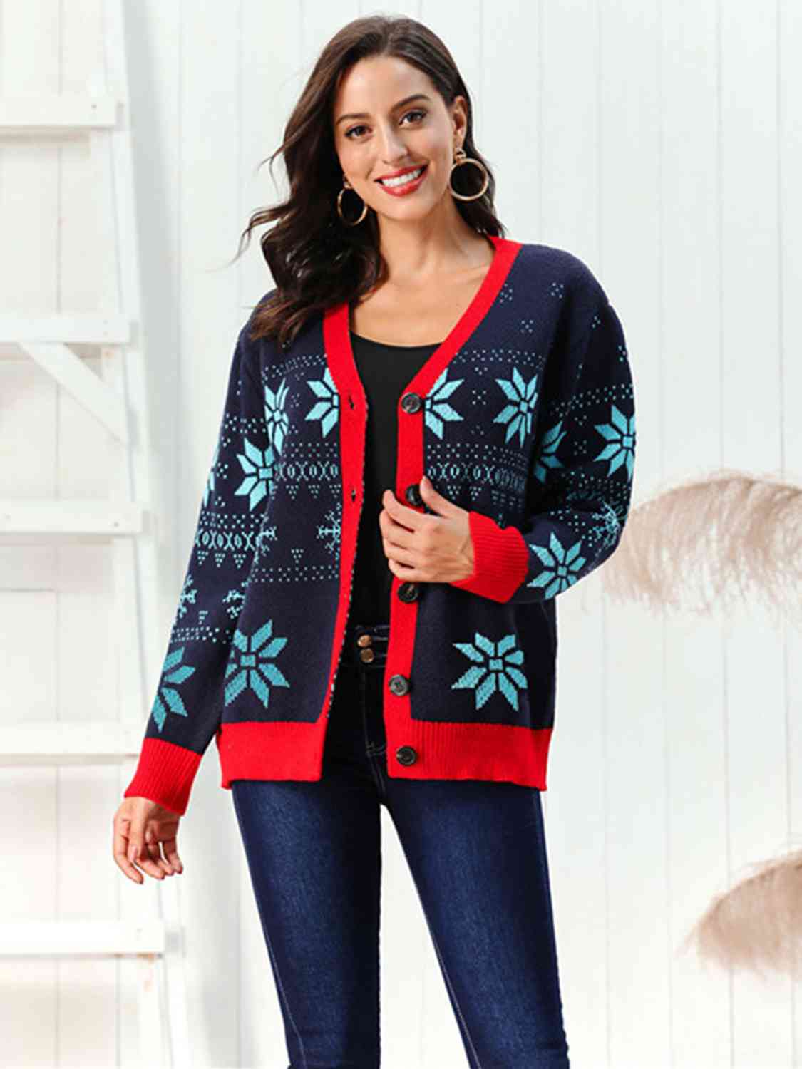 Snowflake Retro Knit Holiday Cardigan Button Front Thick Colorful Sweater Festive Winterwear