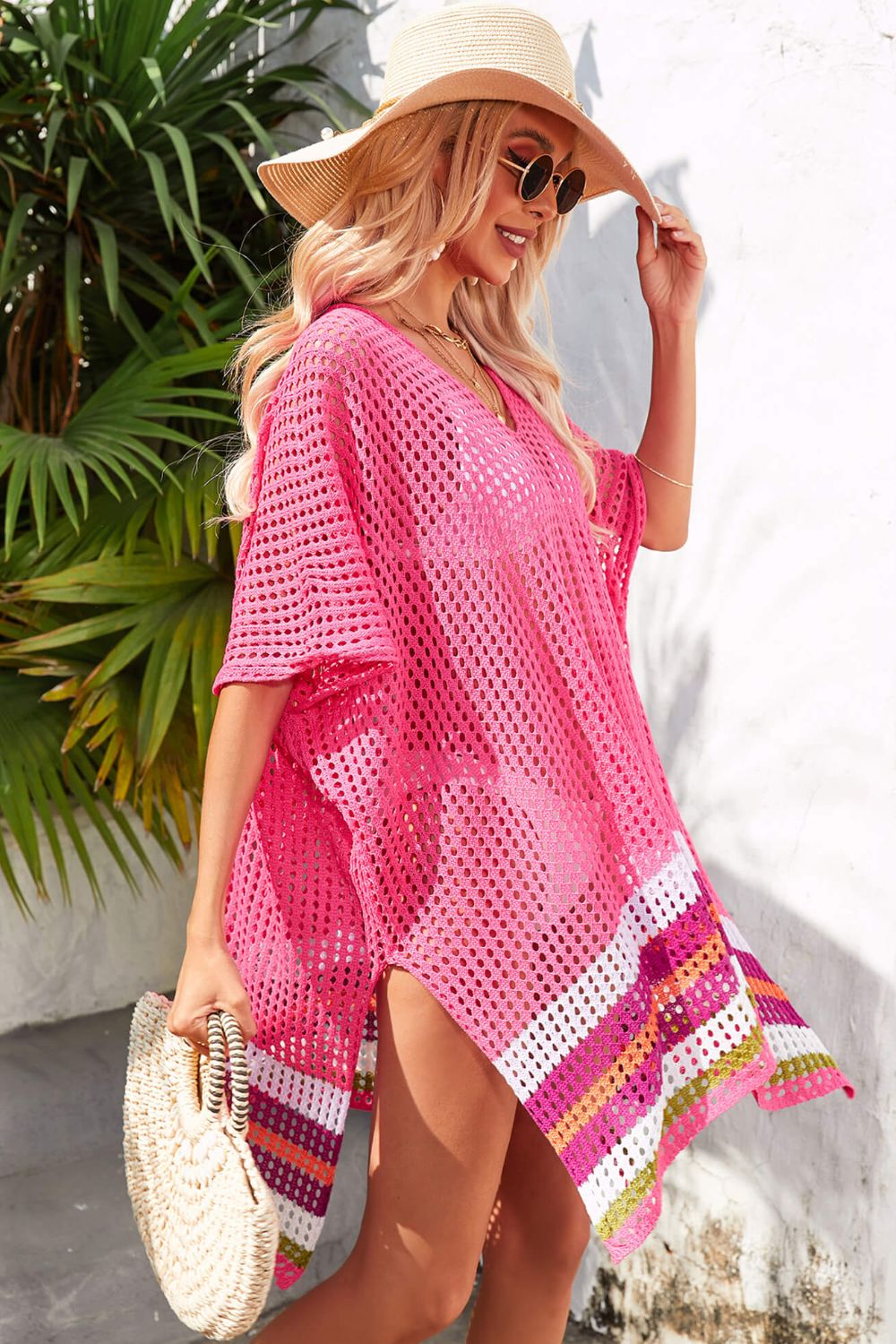 Colorful Rainbow Stripe Openwork Slit Oversized Cover-Up Shirt