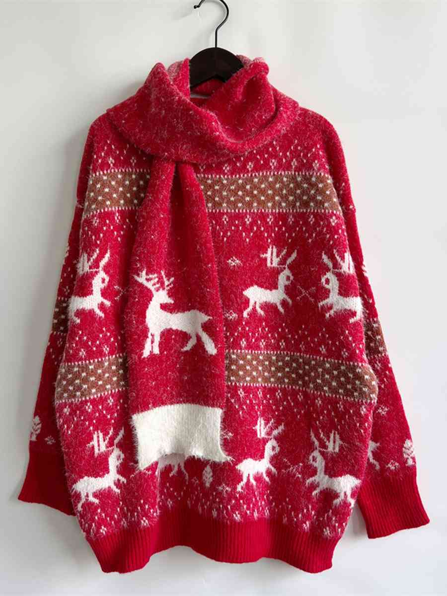 2-Piece Reindeer Fuzzy Soft Knit Sweater Scarf Match Set Holiday Winter Pullover