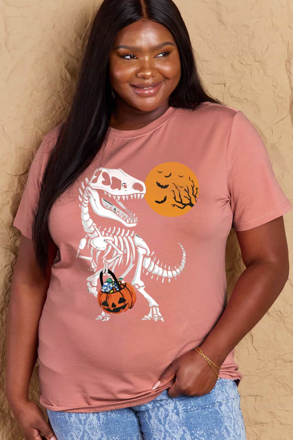 T-Rex Skeleton Trick or Treating Dinosaur Funny Graphic Tee Shirt Halloween Top