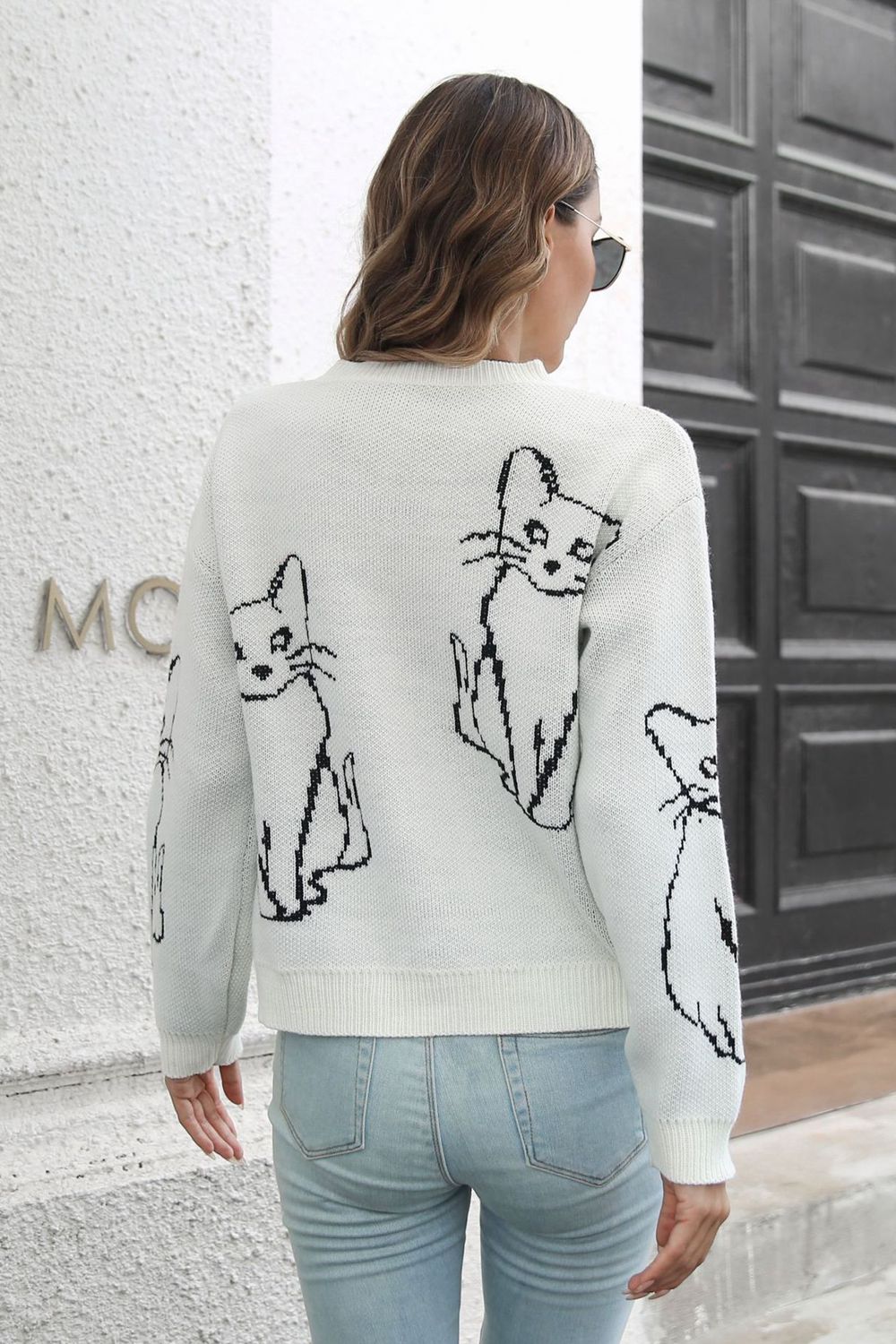 Kitty Cat Knit Round Neck Long Sleeve Pullover Sweater