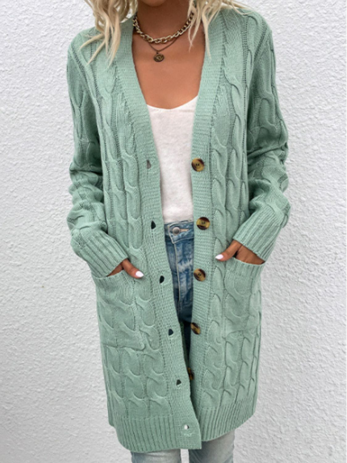 Chunky Cable-Knit Classic Button Front Long Cardigan with Pockets