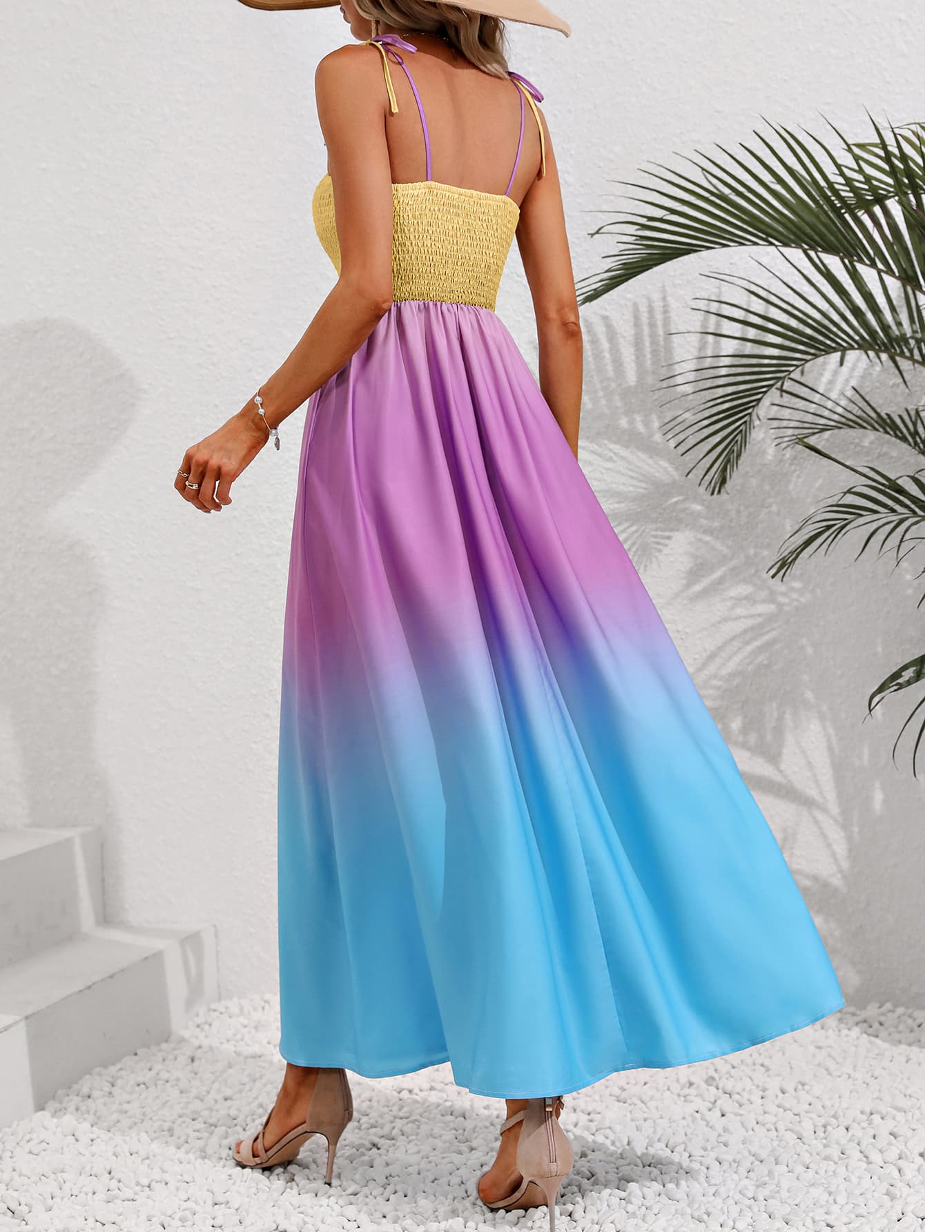 Colorful Ombre Rainbow Self-Tie Shoulder Smocked Bodice Summer Maxi Dress