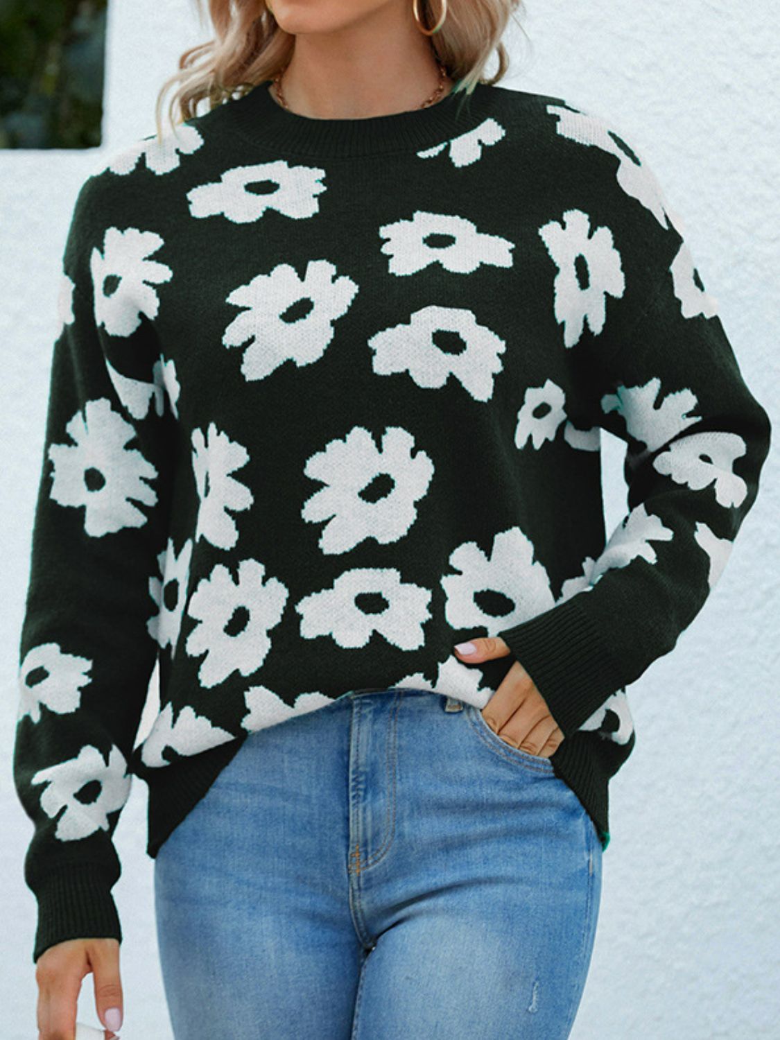Knit Daisy Retro Flower Pullover Classic Long Sleeve Round Neck Sweater Shirt
