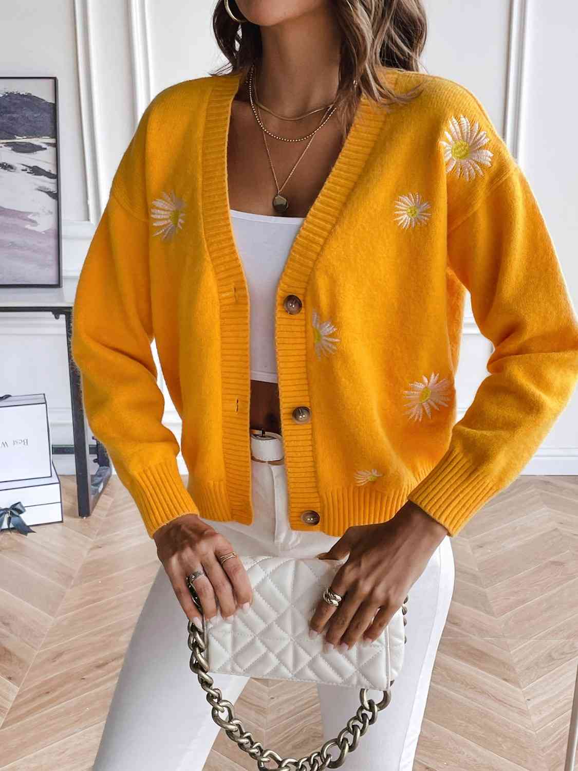 Embroidered Cropped Knit Button Front Retro Long Sleeve Soft Cardigan
