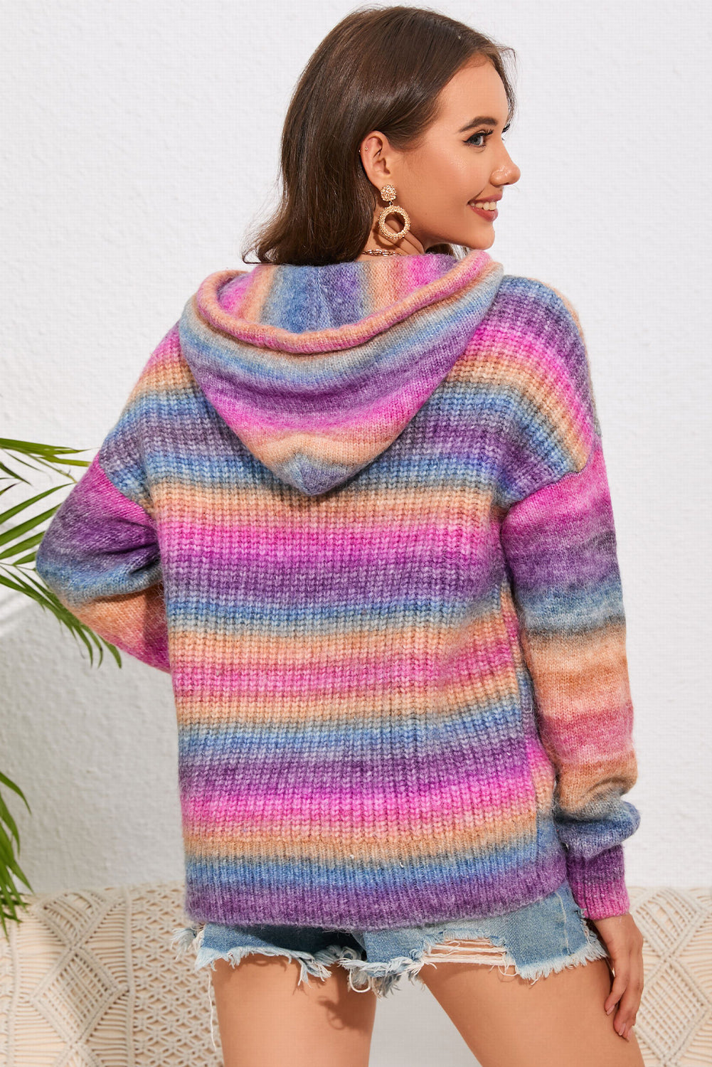 Bright Wool Blend Knit Colorful Stripe Hoodie Kangaroo Pocket Sweater Shirt