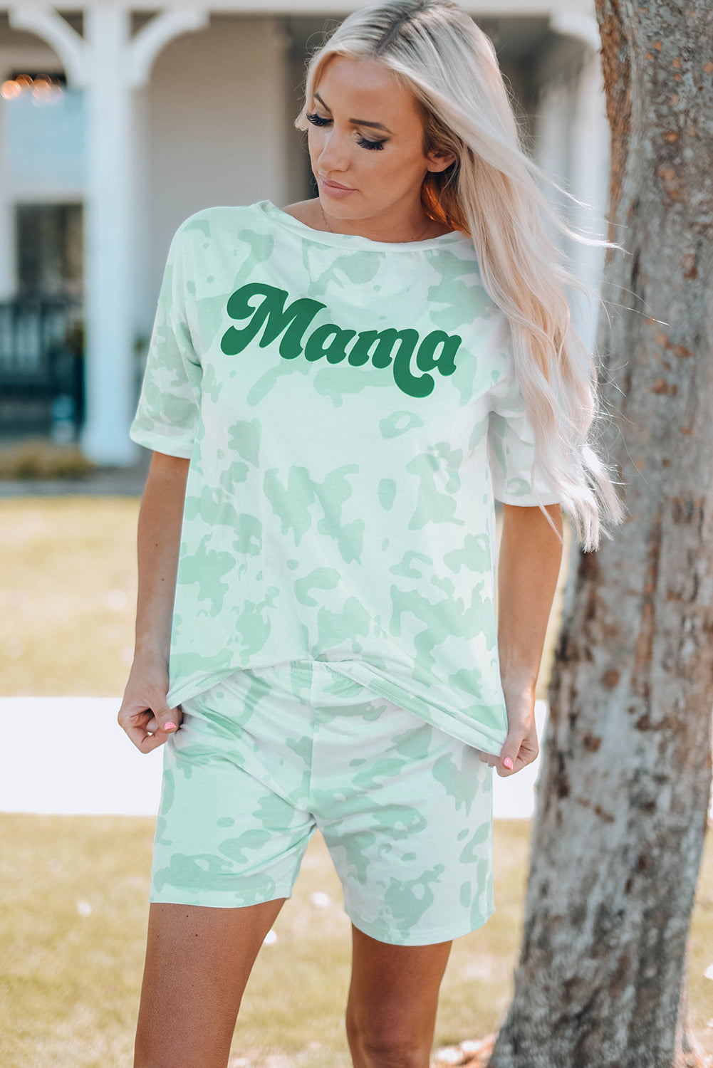 MAMA Graphic Tie-dye Maching Casual Shirt and Shorts Lounge Set