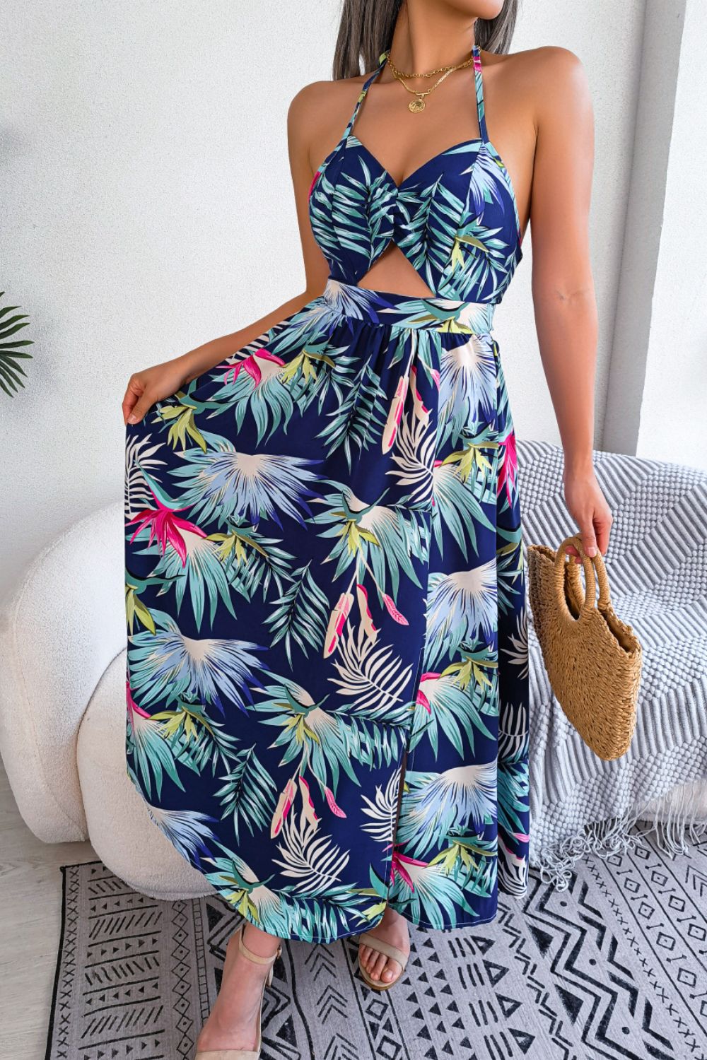 Tropical Keyhole Cutout Maxi Backless Slit Leg Dress