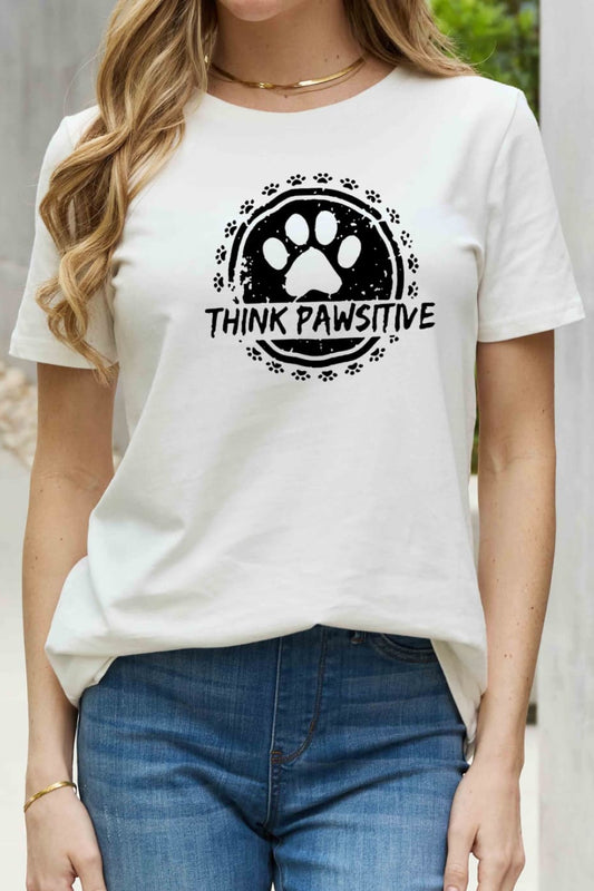 THINK PAWSITIVE Animal Paw Print Graphic 100% Cotton Short Sleeve Tee Shirt (Plus Size Avaialable)